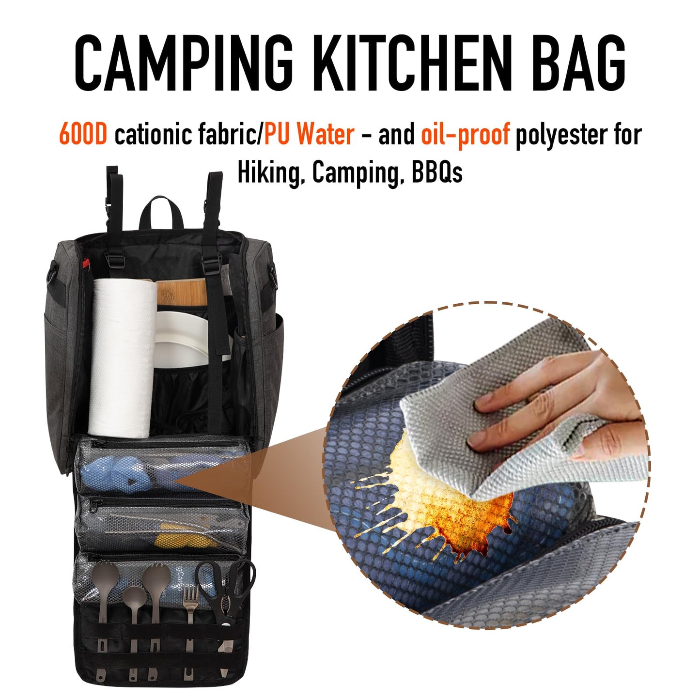 KingCamp Oversized Camping Kitchen Organizer, Ultralight Hanging Cooking Utensils Bag Portable Storage Backpack with Paper Towel Holder & 3 Pockets for Outdoor BBQ Cooking (Bag Only)