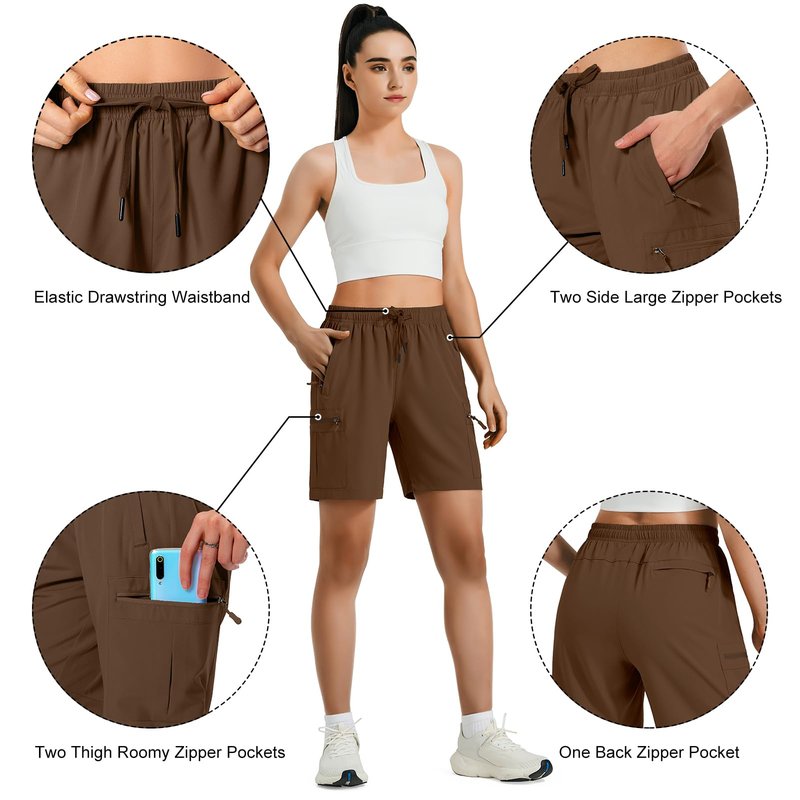 Hugut Women's Lightweight Hiking Cargo Shorts Quick Dry Athletic Shorts Camping Travel Golf Zipper Pockets Water Resistant Brown