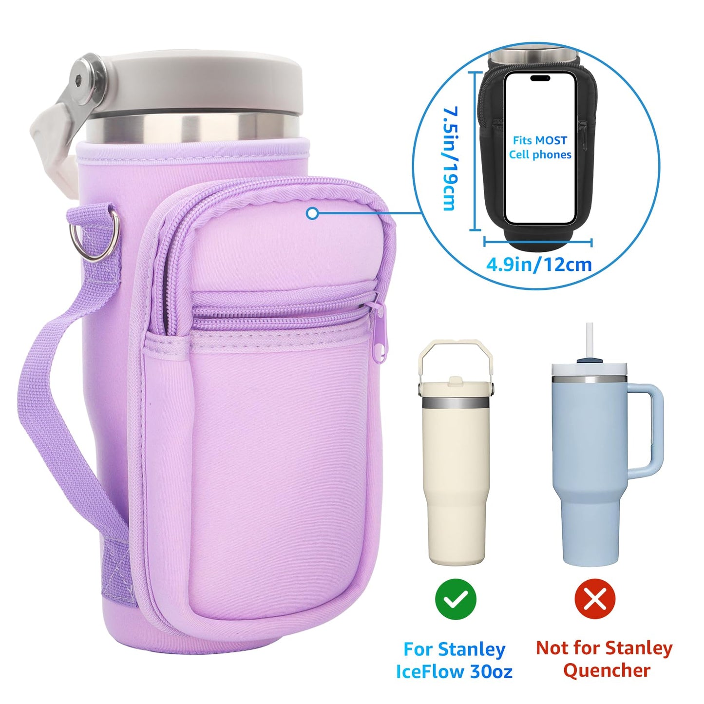 for Stanley Iceflow Flip Straw Tumbler 30 oz, Water Bottle Cup Holder Cover Carrier Sling Bag with Strap, Pouch Pocket for Phone / Accessories, add Handle for Stanley Flip Straw, Neoprene (Purple)