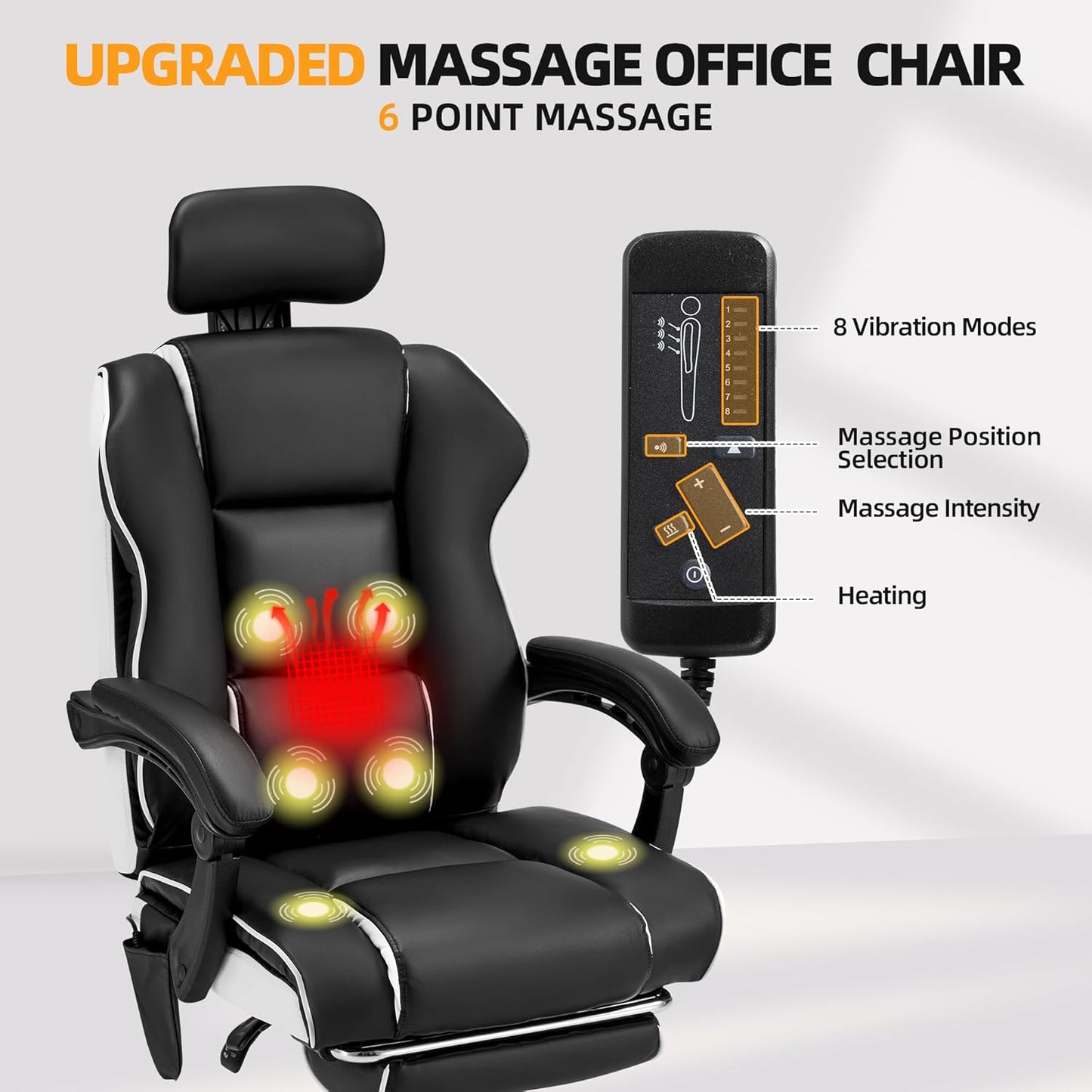HOMREST 6-Point Massage Office Chair with Retractable Footrest, Heated Executive Office Chair with Reclining Backrest, Ergonomic Computer Chair with Adjustabel Headrest,Black