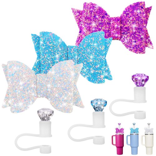 6pcs Bow Ties and Diamond Straw Topper for Stanley Cup, Straw Cover for Stanley Cup 40/30/20 Oz Accessories, Reusable Straw Toppers for Simple Modern Tumblers (White+Blue+Purple)