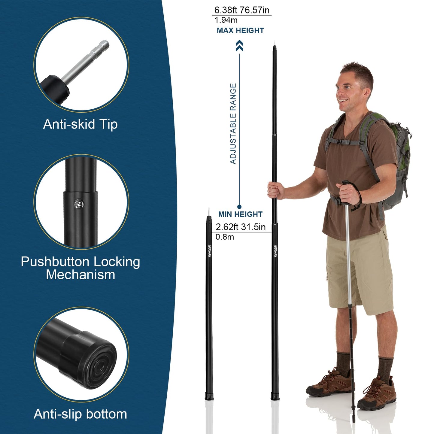 GEEWAY 2 Pcs 77 Inch Tarp Poles for Camping, Heavy Duty Telescoping Tent Pole, Aluminum Adjustable Tent Poles for Outdoor Activity, Wilderness Adventure and RV Travel (Black)