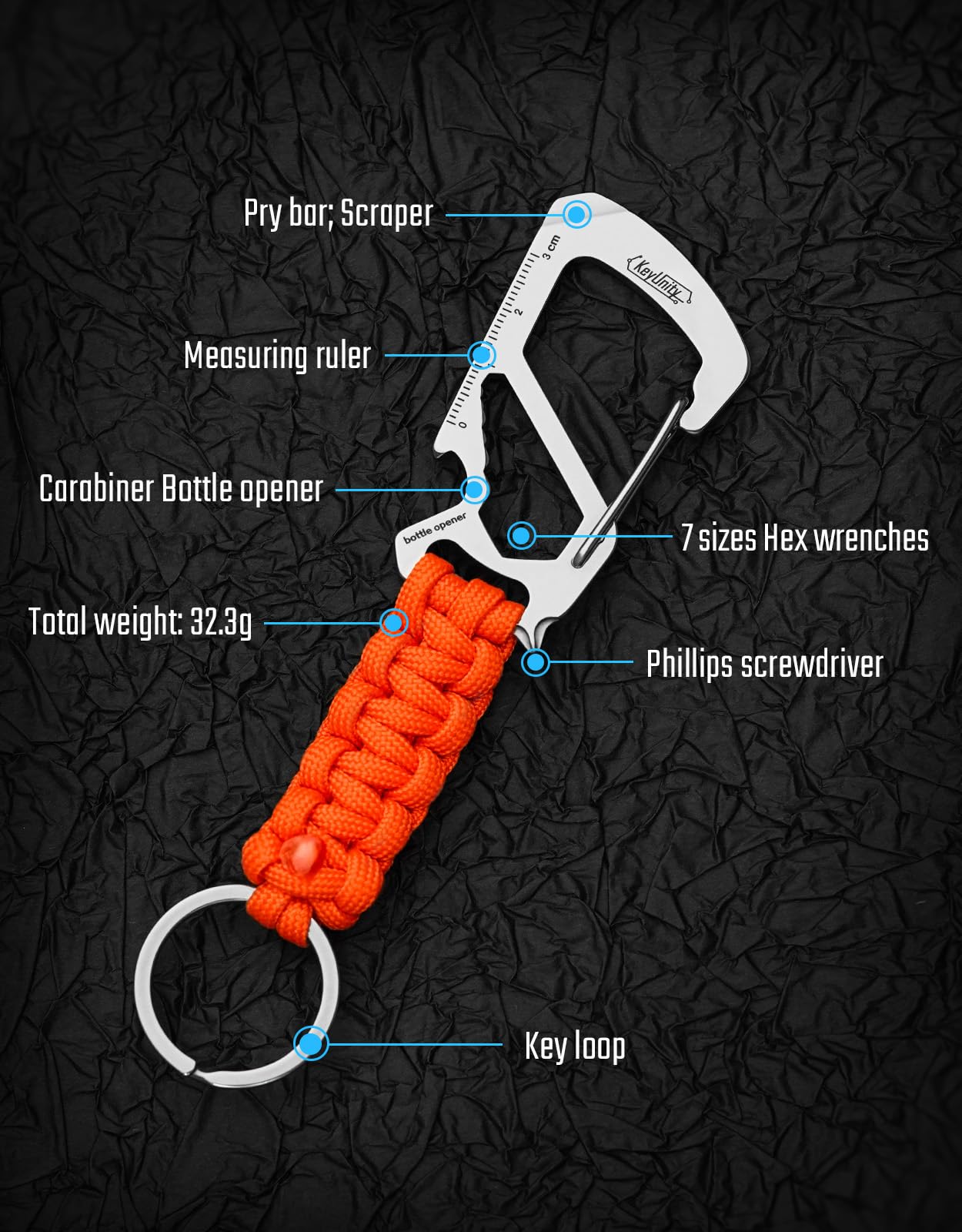 KeyUnity KC00 Paracord Keychain Carabiner Clip, 550 Parachute Lanyard Multitool for Outdoor, Backpacks, Men & Women (Orange)