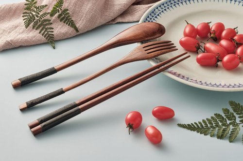 Wooden Flatware Wooden Fork and Spoon Chopsticks Reusable Tableware Cutlery Set Travel Utensils Tied Line Flatware, Eating Utensils with Pouch for Office Camping Traveling Picnic Office School