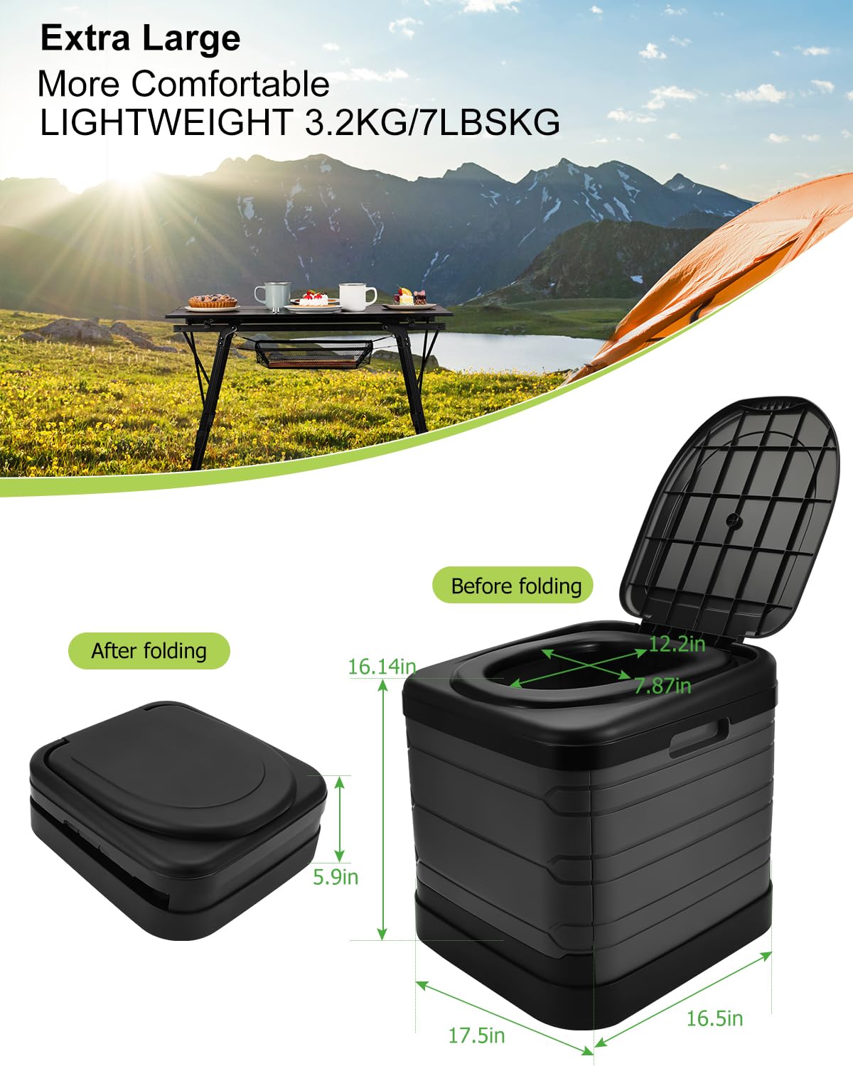 16.5in Hutigertech XXXL Portable Toilet,Upgraded Collapsible Travel Toilet with toilet bags & Absorbent Gel Powder for Camping, Hiking, Car, Outdoor, Boat, Beach and RV Travel