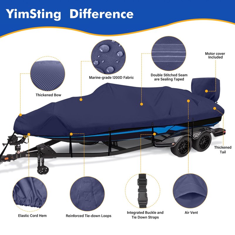 YimSting 1200D Waterproof Boat Cover - Fits 14' to 16' ft Bass, V-Hull, Tri-Hull, Fish & Ski, Runabout Bowrider Boats - Heavy Duty Canvas Navy Blue