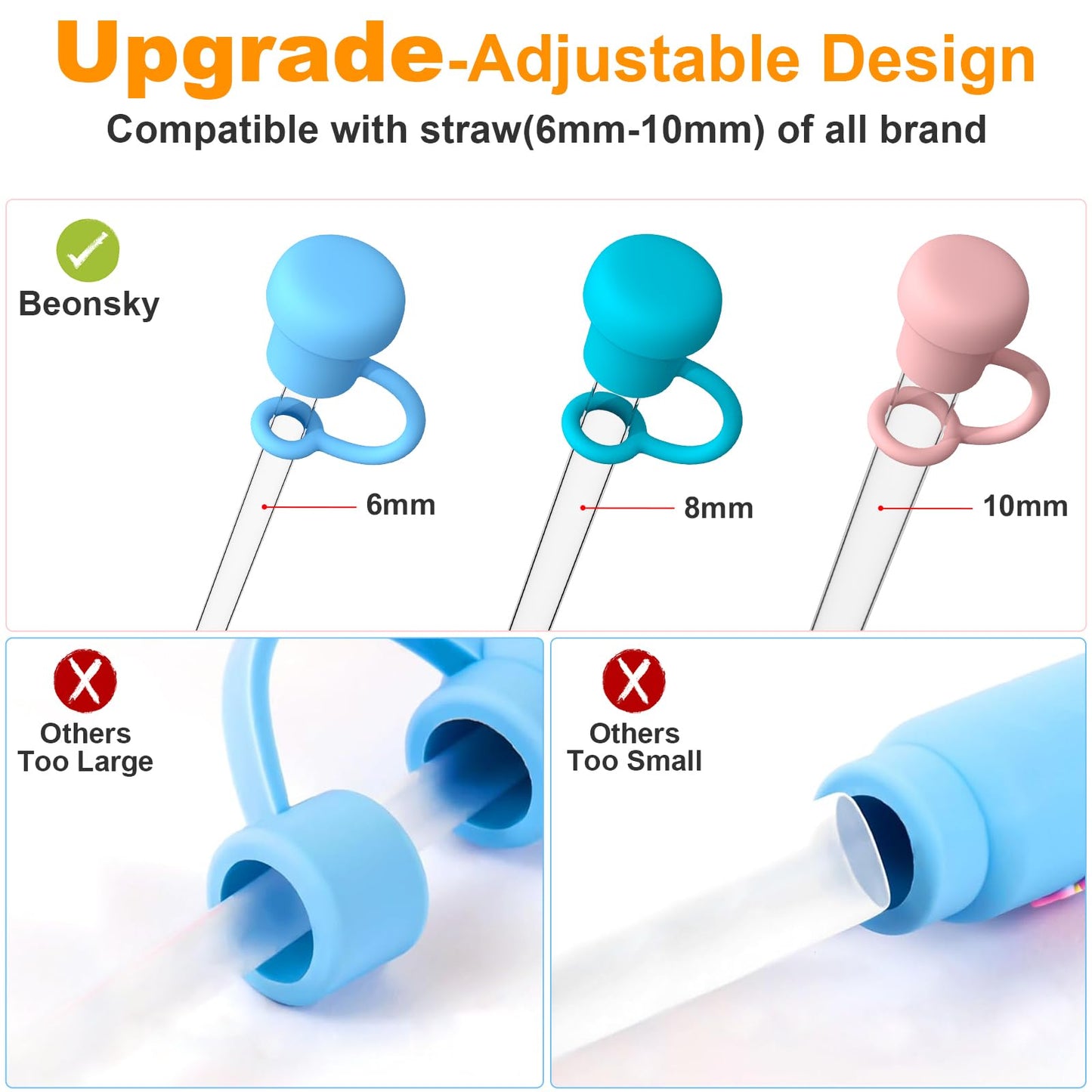 Adjustable Straw Cover for Stanley, Simple Modern, Owala, Yeti, Hydro Flask, Reduce, Hydrapeak, Meoky, MaxBase, Beast, Marrs, Suitable for All Brand of 6mm-10mm Diameter Straw, Dishwasher safe
