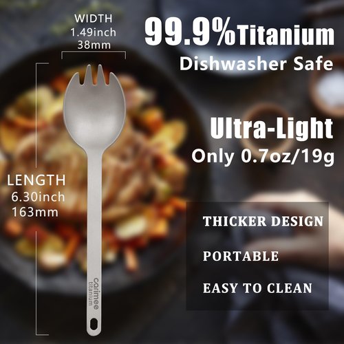 Carimee Pure Titanium Camping Spork, Ultra-Light Eco-Friendly Portable Reusable Flatware for Outdoor Camping Backpacking Hiking Travel Picnic Tableware, 6.3", 0.64oz