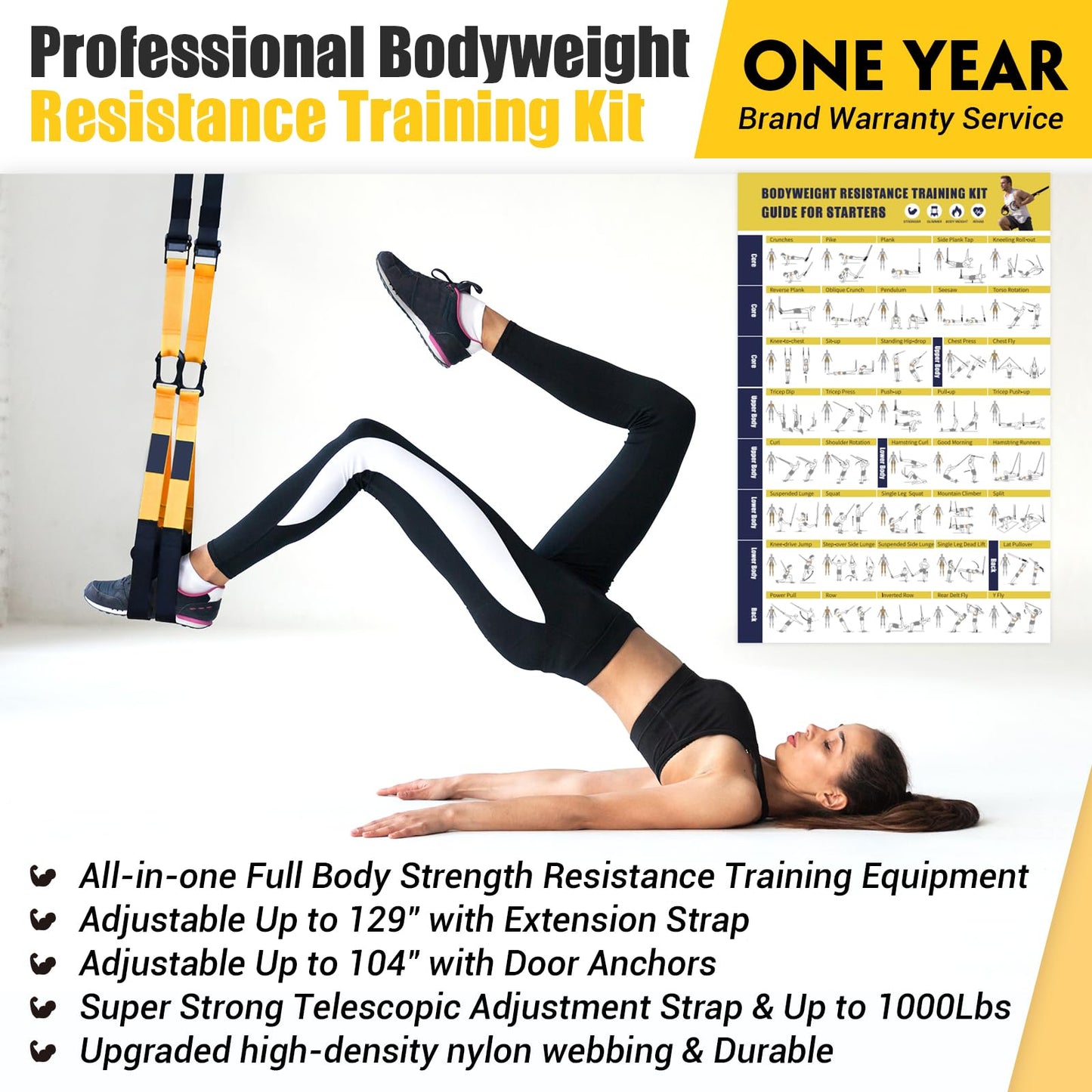 Home Resistance Training Kit, Resistance Trainer Exercise Straps with Handles, Door Anchor and Carrying Bag for Home Gym, Bodyweight Resistance Workout Straps for Indoor & Outdoor(Yellow)