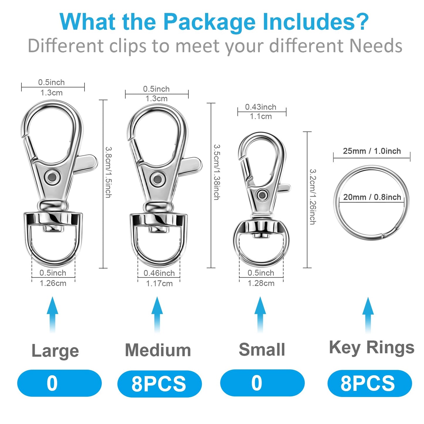 YHYZ Keychain Key Chain Rings Clips Swivel Bulk (Sliver), Swivel Lanyard Snap Hooks X 8pcs with 8pcs Rings, Small Lobster Claw Clasp, for Keychain Crafts Resin Projects Making, Lanyard, Bag, Purse,Tag