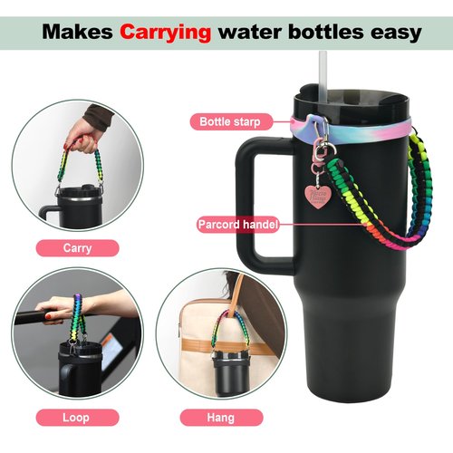 Wongeto Water Bottle Handle,Paracord Water Bottle Strap,Bottle Holder with Strap,Fits Most 8-40oz Bottles Compatible Stanley Cup Accessories(Rainbow + Love Pendant