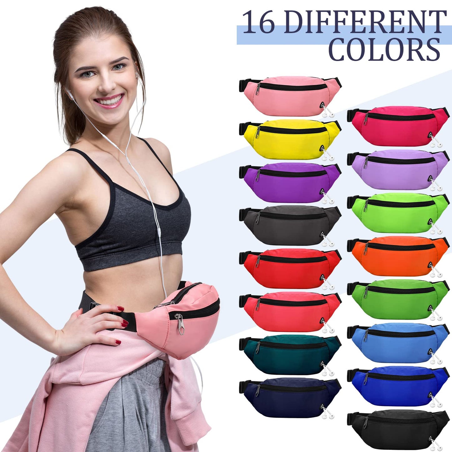16 Pcs Fanny Packs for Men Women Colorful Waist Pack Bags with Headphone Jack Waterproof Crossbody Waist Bag Adjustable Strap Waist Pouch Bag for Running Travel Cycling Hiking Workout Casual Rave