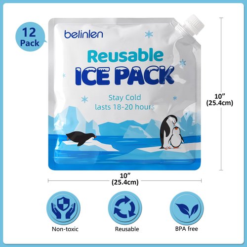 Belinlen 12 Pack Cooler Shock Ice Packs for Cooler Reusable 10x10 Inch Long Lasting Cooler Packs, Cooler Ice Packs Freezer Packs for Cooler Bag, Lunch Bags, Cooler Backpacks