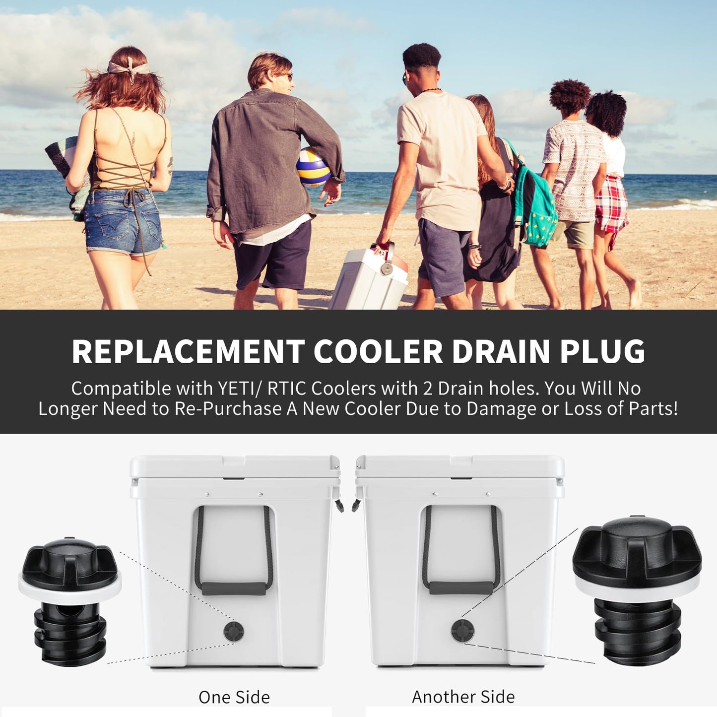 Gnellkoor Cooler Plug for RTIC, 4 Pack Large & Small Leak Proof Drain Replacement Plugs Compatible with RTIC 20QT 45QT 65QT Coolers with Two Drains