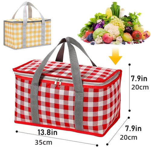 Insulated Picnic Bag Cooler Reusable, Beach Bag Cooler Bags with Zippered Top - Insulated Bag for Hot or Cold,Picnic Basket Collapsible, Picnic,Beach, Outdoor (13.8x7.9x7.9 in) (RED)
