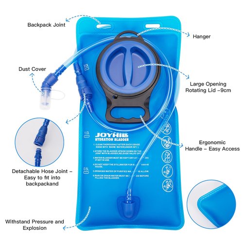 JOYHILL TPU Hydration Bladder,1.5L 2L 3L Water Bladder for Hiking Backpack BPA Free Leak Proof Hydration Pack for Camping Running Biking Hiking (2.0L)
