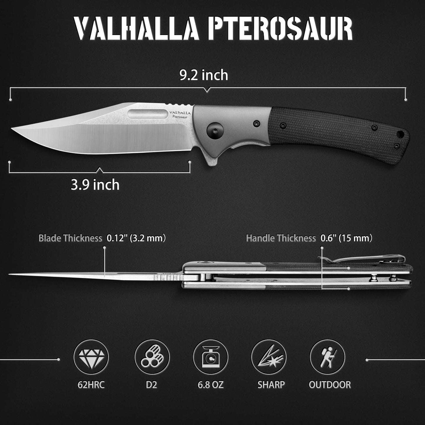 VALHALLA PTEROSAUR Pocket Knife, 3.9'' D2 Steel Folding Knife with Micarta Handle, Pocket Knife for Men, Cool Knives, Hunting Knife, Gifts for Men (BLACK)