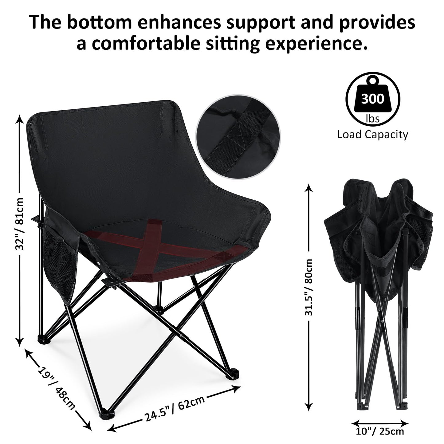 Leonyo 2 Pcs Portable Camping Chairs for Adults, Comfortable & Oversized Lawn Chair & Folding Camping Table for Outdoor Sports, Fishing, Rv Travel, Beach, Picnic – Black