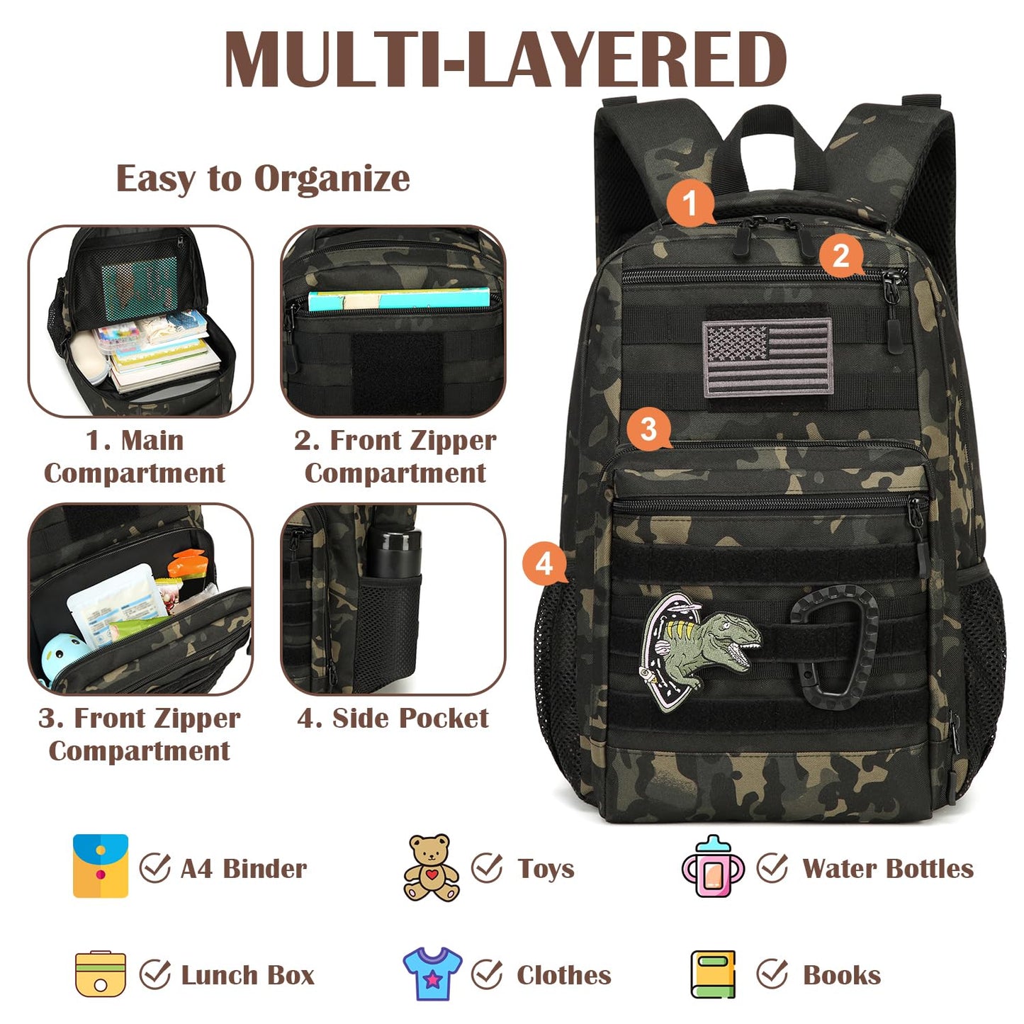Kids Tactical Backpack Army Molle Bookbag Military Boys Backpack for School, Outdoor, Camping, Black Camo
