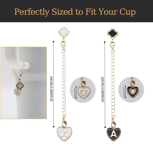 2Pcs Letter Charm Accessories for Stanley Cup,Name ID Initial Letter for Stanley Tumbler Water Cup,Heart Shape & Four Leaf Clover Initial Personalized Handle Charm for Stanley Cup Accessories Chain(M)