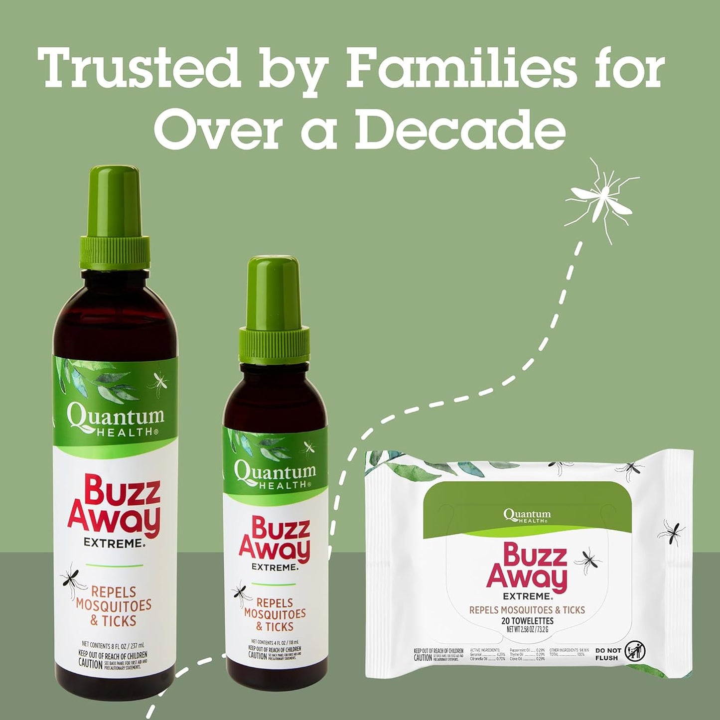 Quantum Buzz Away Extreme Tick & Mosquito Repellent - Powerful DEET Free Peppermint & Citronella Oil Outdoor Bug Spray Repels Bugs Off Your Skin, Kids Safe Insect Repellent - 4 fl oz
