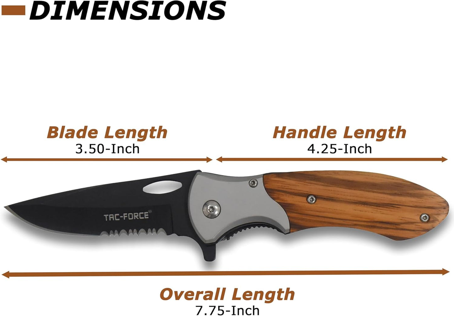Tac-Force- Folding Pocket Knife –Partially Serrated, Black Stainless Steel Blade, Wood Handle w/Stainless Steel Bolster and Pocket Clip, Tactical, EDC, Rescue - TF-876