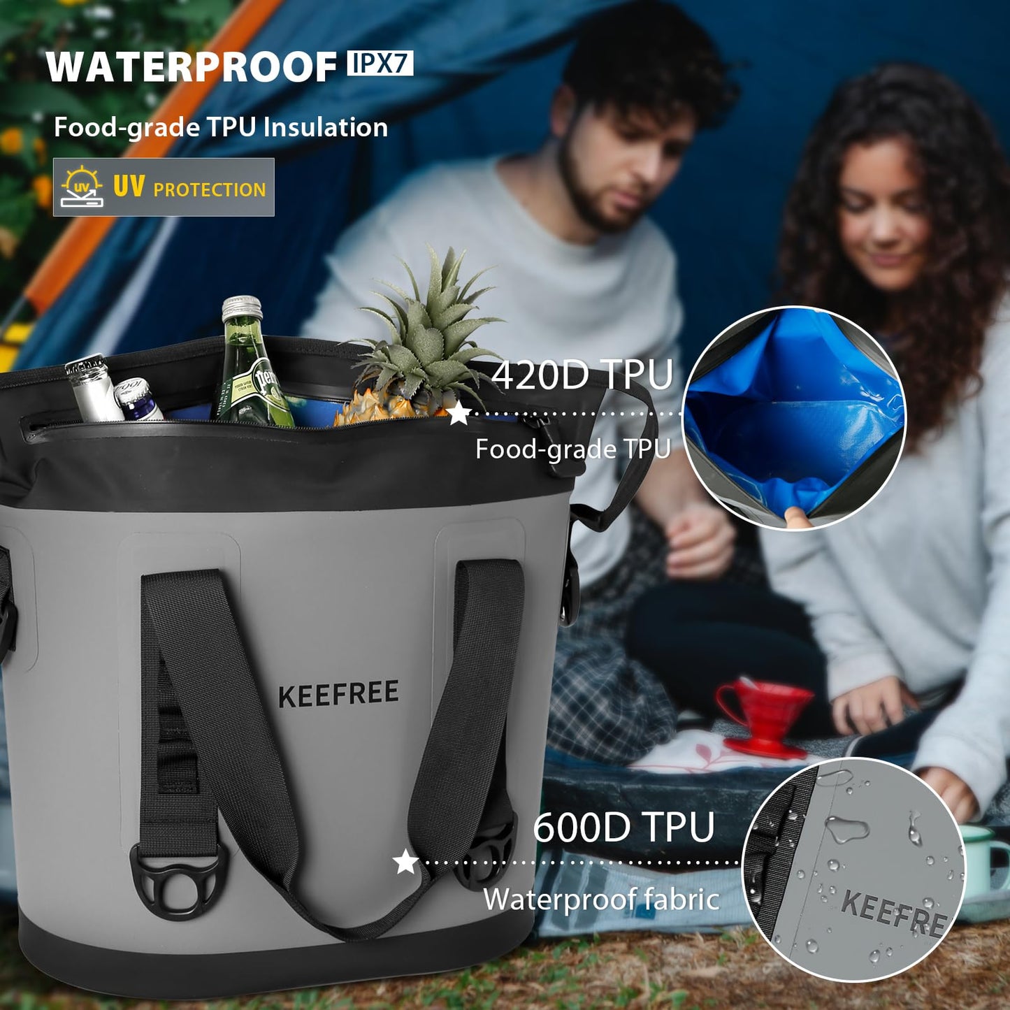 KEEFREE Tote Cooler 20 Can Insulated Soft Cooler Bag Waterproof Handbag Shoulder Bag for Lunch Drink Beverage Picnic BBQ Beach Hiking Fishing Camping Travel (Grey)