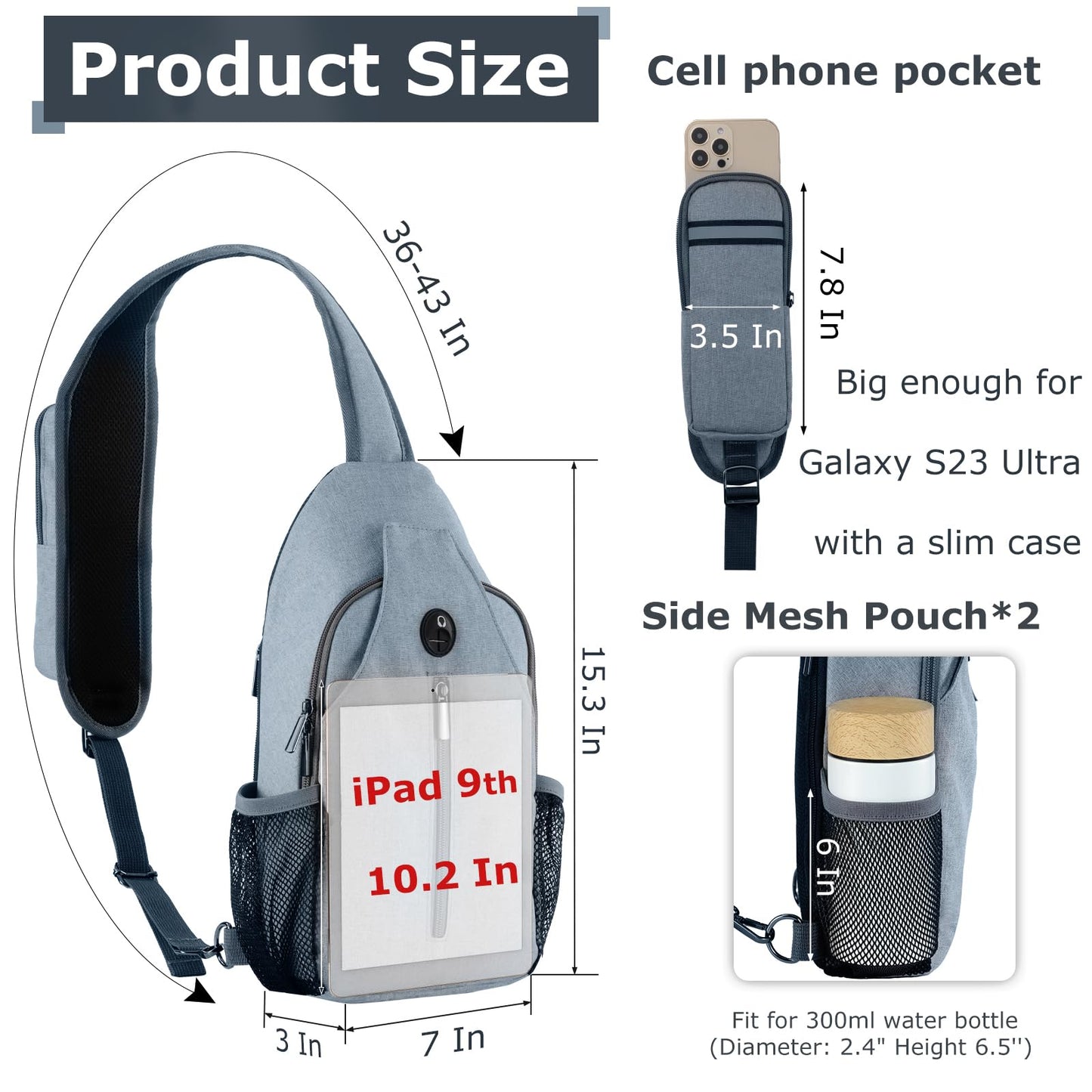 Keanoo Sling Backpack, Crossbody Bag Large Sling Bag RFID with Water Bottle Holder Phone Holder Travelling Hiking Daypack (Light Gray)
