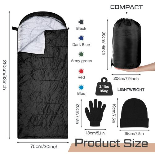 Tranqun 10 Set Sleeping Bags for Adults Kids with Winter Beanies Gloves Set, Cotton Liner Camping Sleeping Bag Waterproof Cold Warm Lightweight for Backpacking, Camping, Indoor Outdoor Homeless People