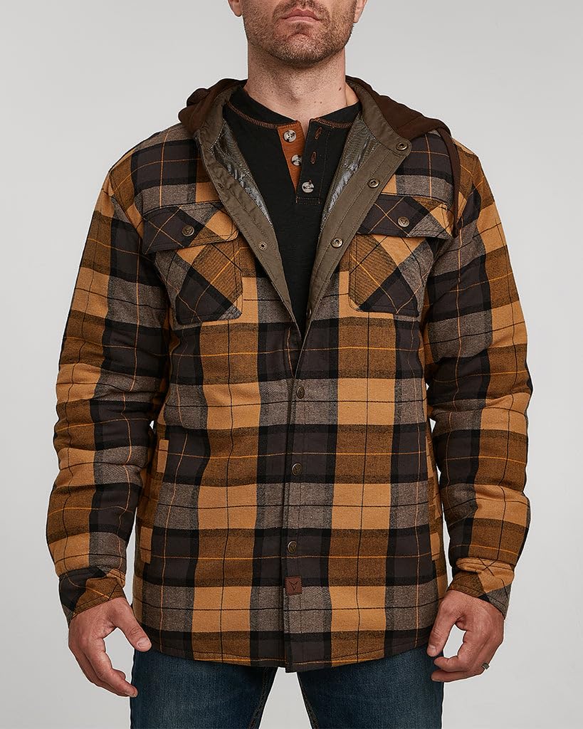 Venado Men's Quilt Lined Flannel Shirt Jacket with Hood - Reflective Winter Coat for Men (Amber, 2XL)