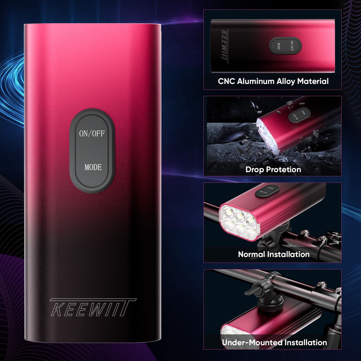 KEEWIIT KW61 6 LED 2000 Lumen Super Bright Bike Light,10000mAh Rechargeable Battery, IPX6 Waterproof, CNC Aluminum Alloy, USB Rechargeable, 6 Modes Bicycle Light for Night Riding (Red Gradient)