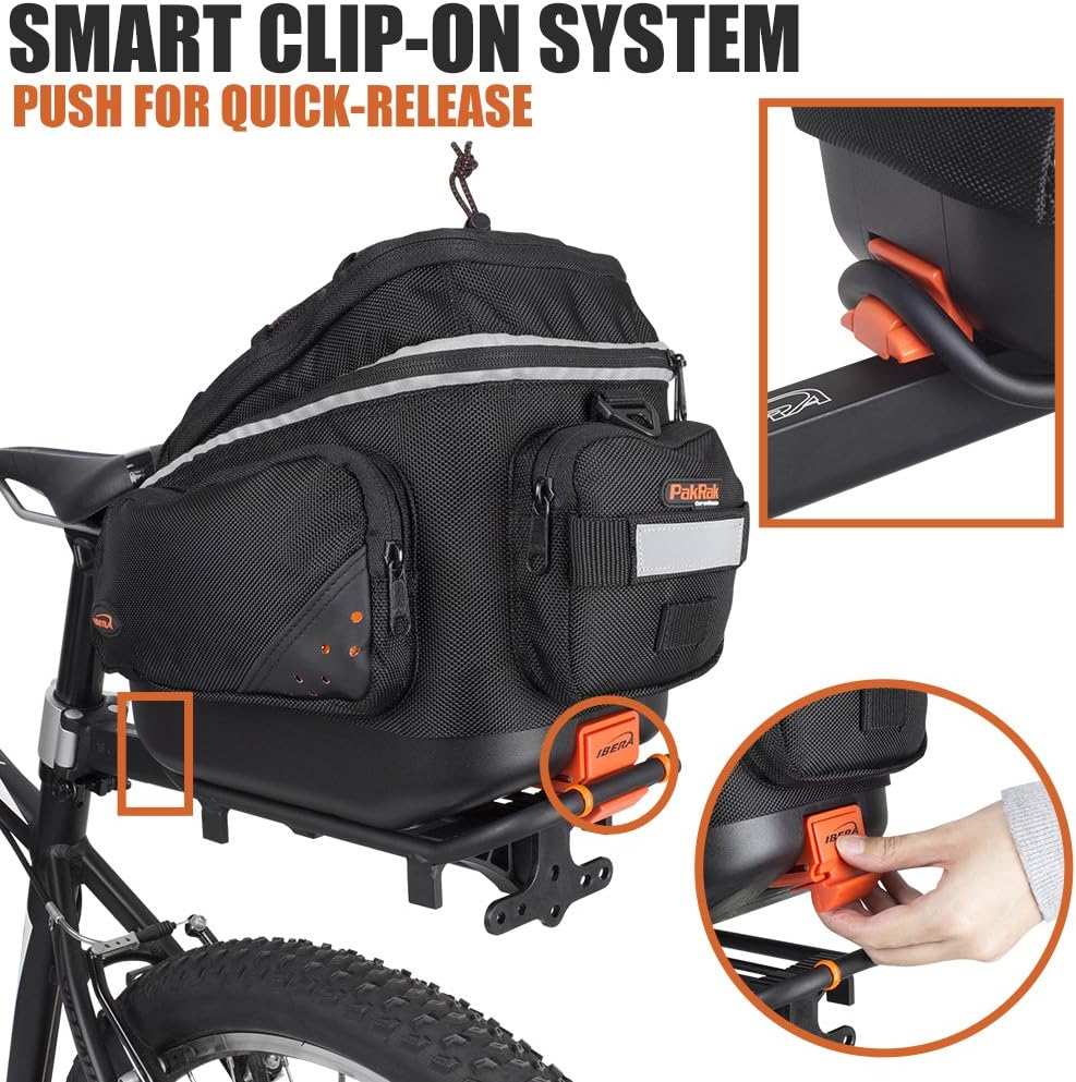 Ibera 2 in 1 PakRak Commuter Bicycle Trunk Bag with Expandable Panniers, Clip On Quick Release Design and Detachable Shoulder Strap