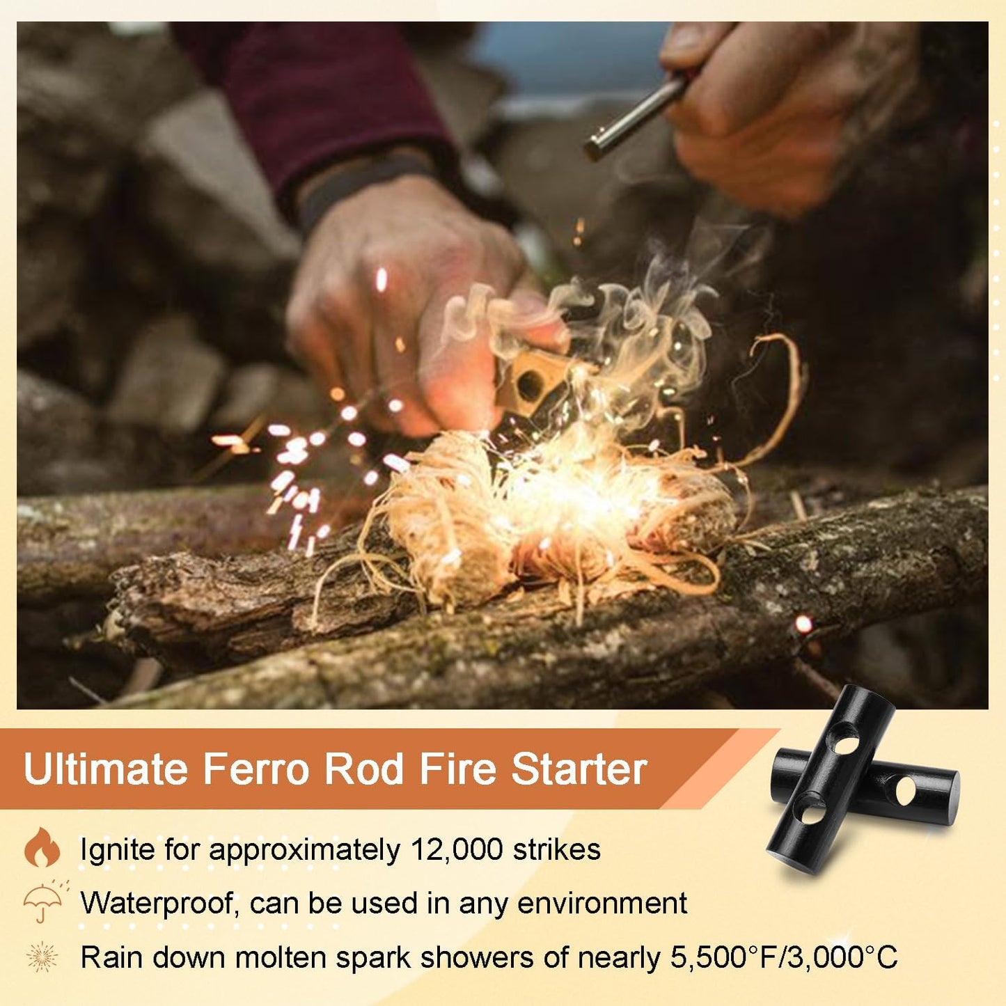 2 Pack Ferrocerium Rod Fire Steel,3/8x4 Inch Ferro Rod Fire Starter,Camping Fire Starter Survival,Flint Stick for Paracord Bracelet keychain lanyard Camping Hiking DIY Outdoor Emergency Kit