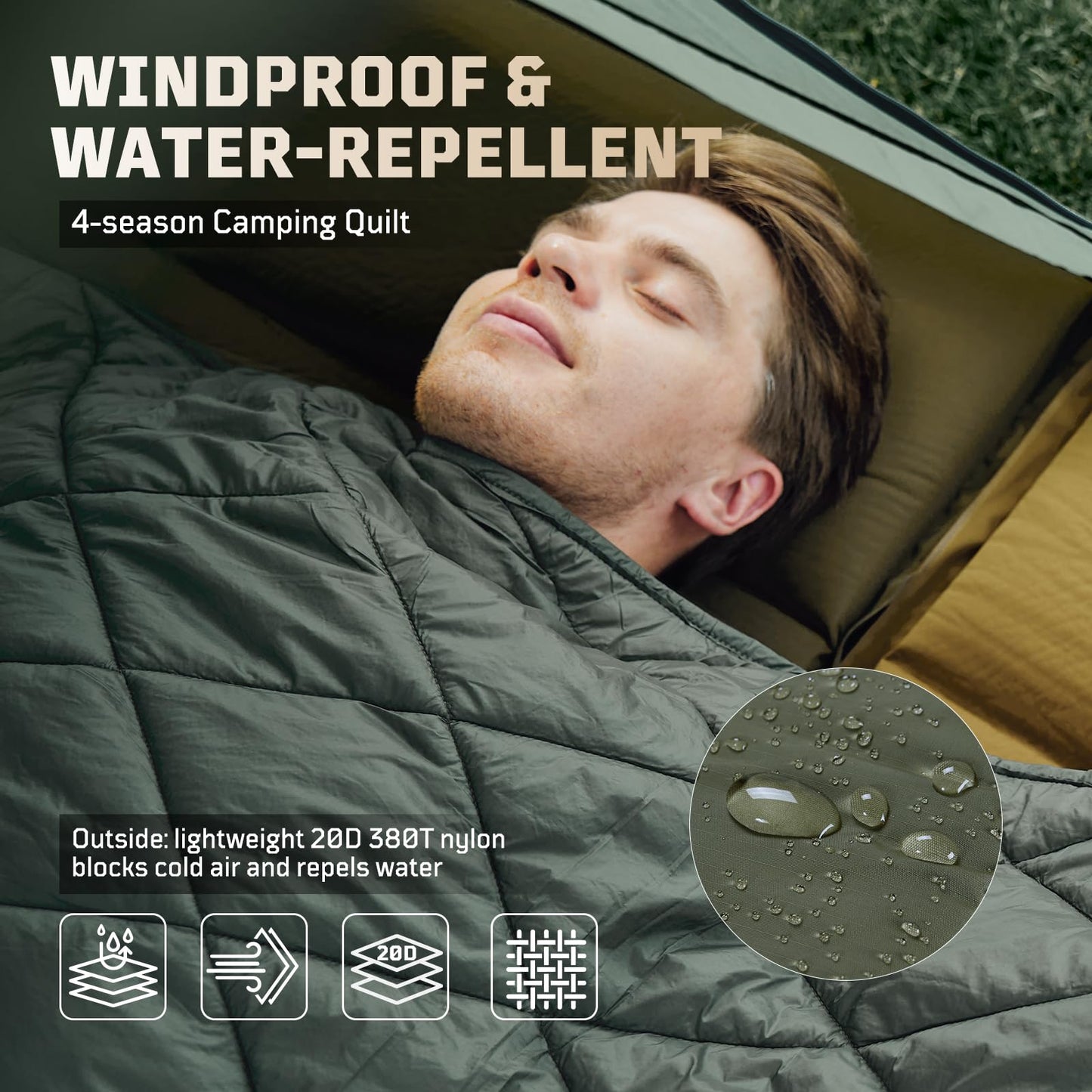 1TG Tactical Camping Blanket - Packable, Ultra Warm and Lightweight with Snap Button Backpacking Quilt Water-Resistant, for Sleeping, Outdoors, Travel - Large/Olive Green