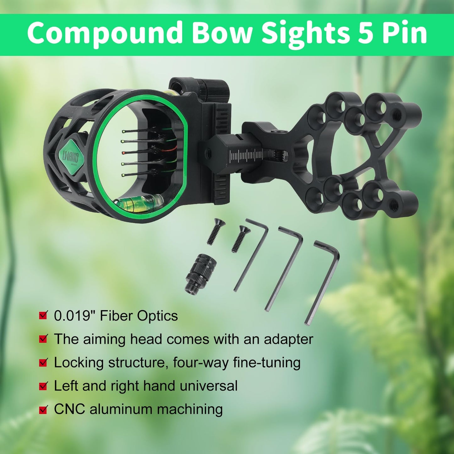 Archery 5-Pin Bow Sight - 0.019" Fiber, Brass Pin, Aluminum Machined - Right and Left Handed, with Hi-Vis Level for Archery, Hunting, Shooting (5 Pin Sight-M1)