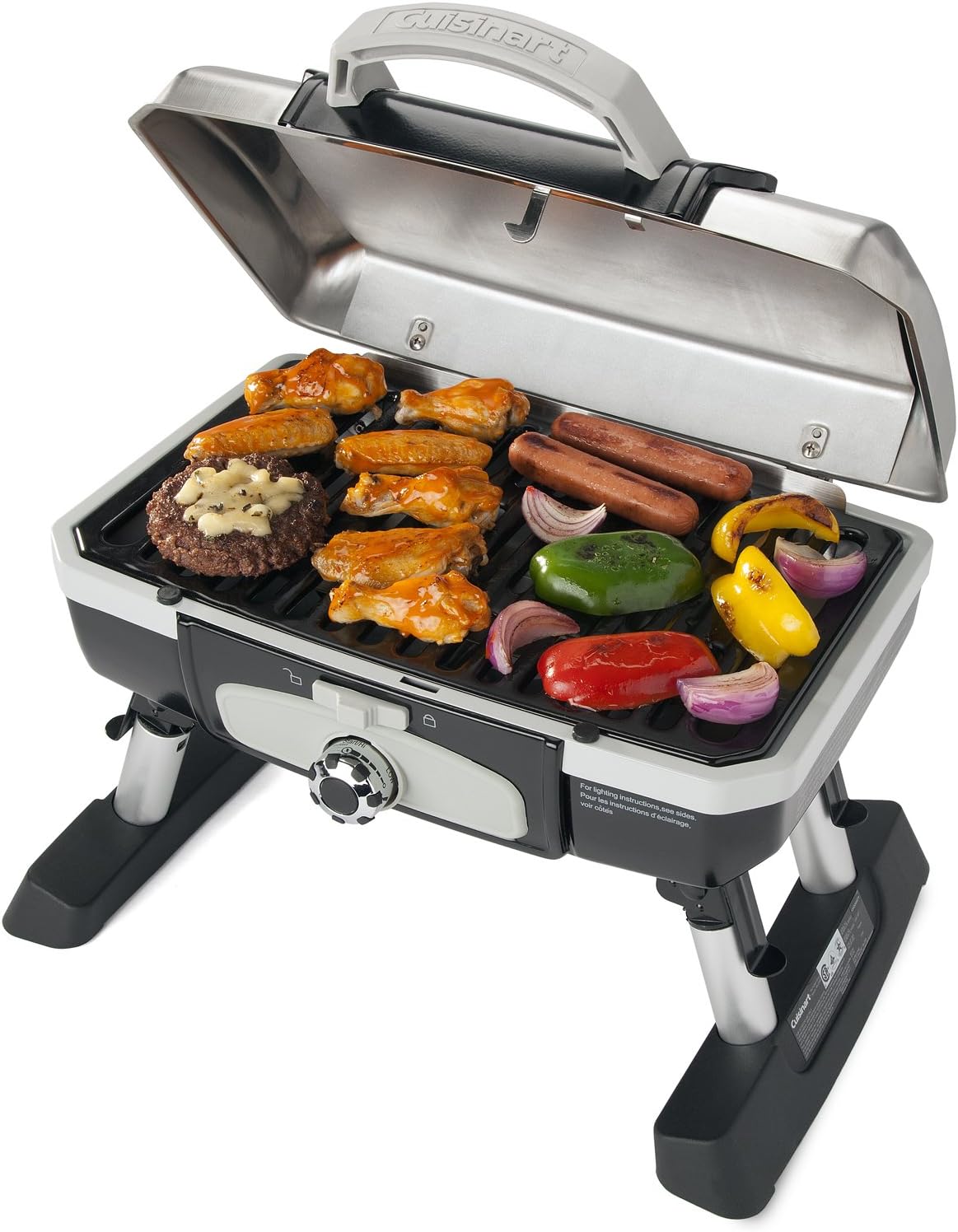 Cuisinart Petite Gourmet Portable Gas Grill, Compact Portable Grill Propane, 150 Sq. In. Cooking Surface, 5,500 BTU Burner Small Gas Grills for Camping, BBQ, Folding Legs and Carry Handles, Stainless