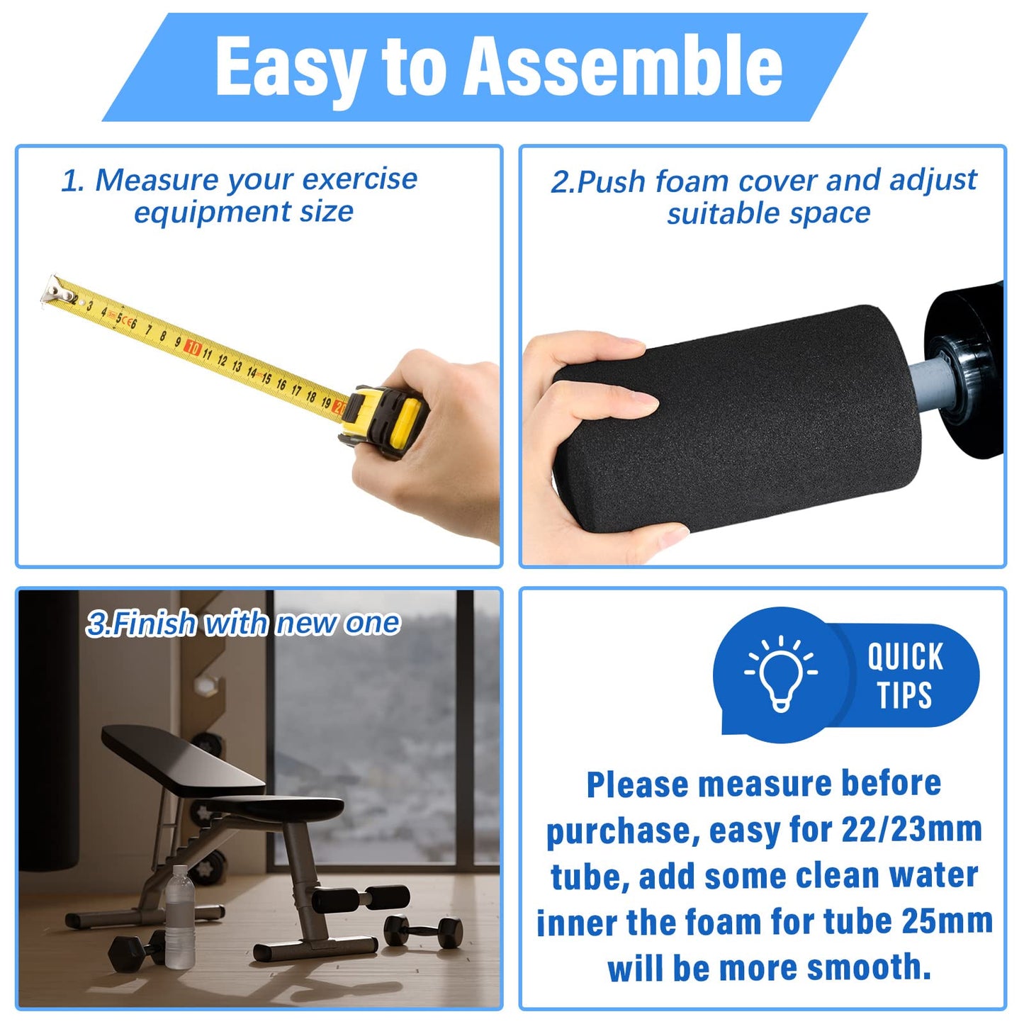 Deekin 4 Pcs Foam Foot Pad Rollers Buffer Tube Cover for Exercise Machine Home Gym Equipment Replacement Pads for Leg Extension Weight Bench Inversion Table(0.87 x 3.4 x 6.3 Inches)