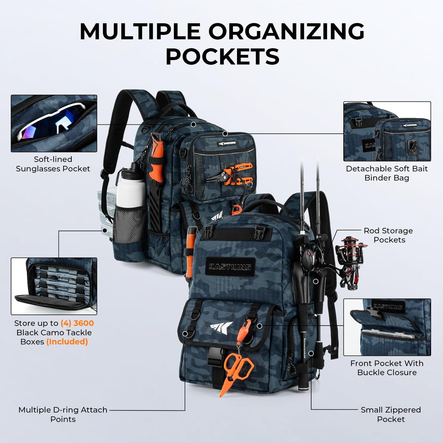 KastKing BaitSpace 50L Fishing Tackle Backpack with Removable Bait Binder & 4 Tackle Boxes,2 Rod Holders Storage Fishing Gear and Equipment,Blue Camo