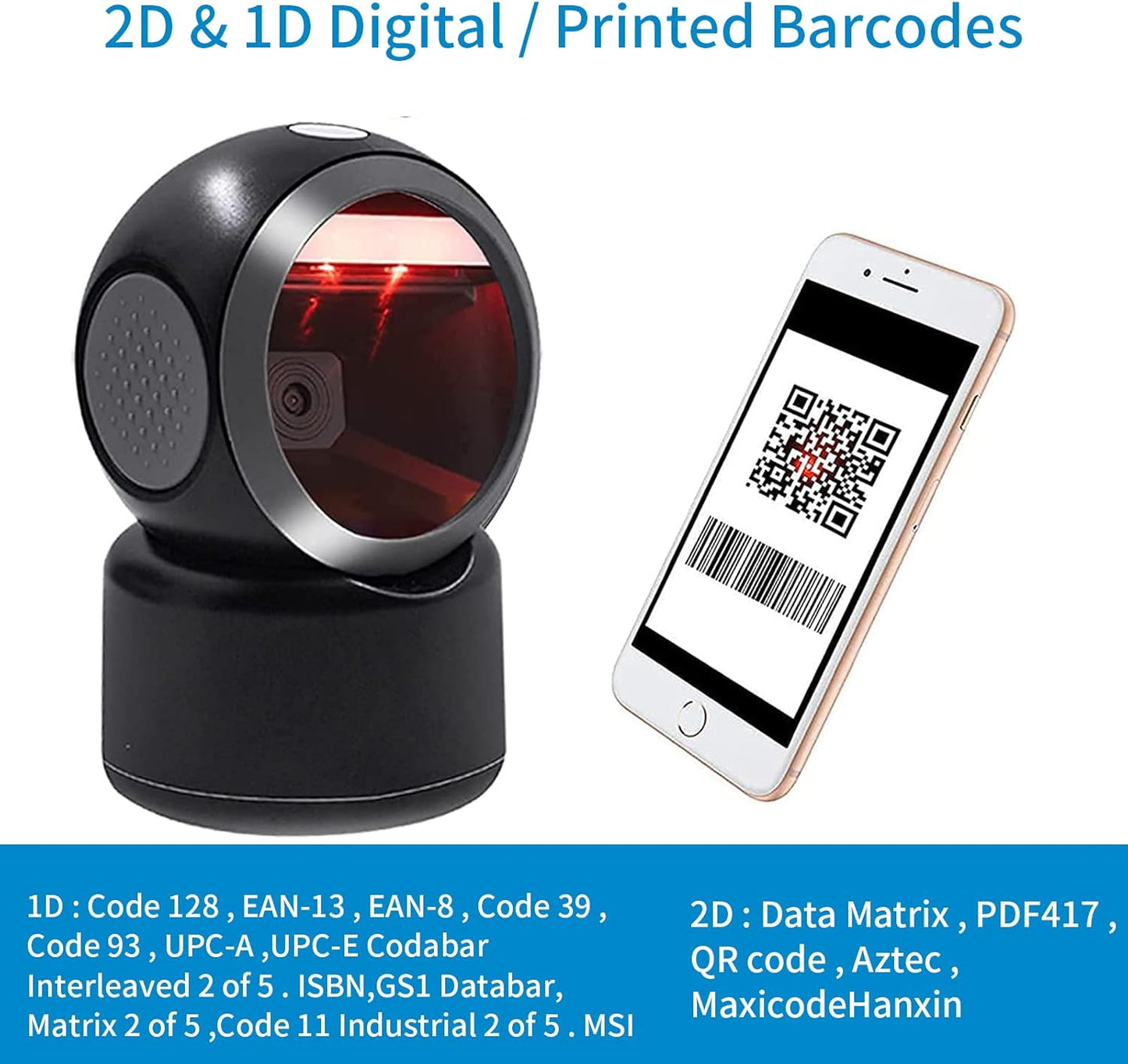 2D QR Hands-Free Barcode Scanner Omnidirectional Automatic Sensing Scanning USB Barcode Reader Adjustable Screen Scanning Platform Scanner for POS PC Supermarket Bookstore