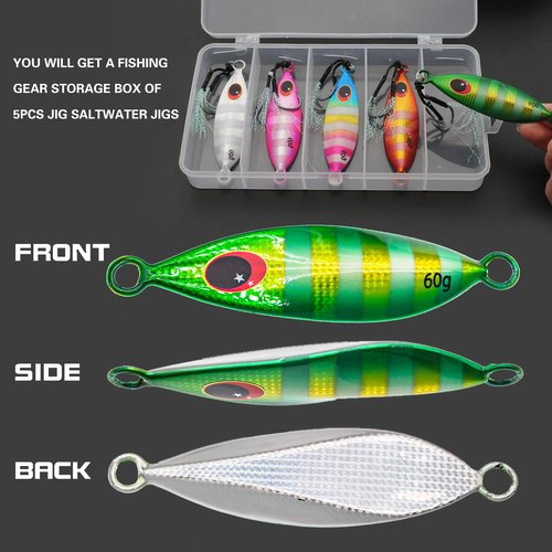 Gefischtter 5pcs Fishing Jigs Vertical Saltwater Jigs Metal Jigging Spoon Slow Sinking Glow Jigging Lure Deep Sea Fishing Lures with Assist Hooks for Tuna,Bass,Dogtooth,Grouper/60g