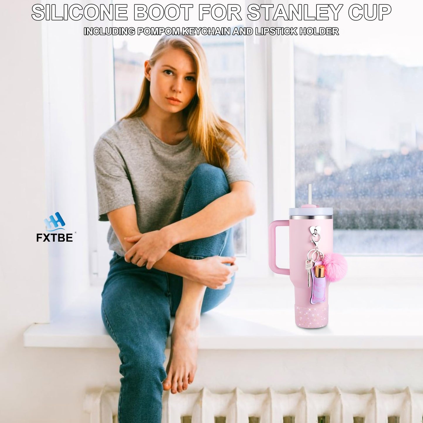 FXTBE Silicone Boot for Stanley Cup 40 OZ, Glitter Boots for Stanley Quencher 30 20 OZ, Bottom Cover for Hydroflask 40-12 OZ, Pom Keychain, Lipsticker Holder for Stanley Cup Accessories