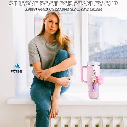 FXTBE Silicone Boot for Stanley Cup 40 OZ, Glitter Boots for Stanley Quencher 30 20 OZ, Bottom Cover for Hydroflask 40-12 OZ, Pom Keychain, Lipsticker Holder for Stanley Cup Accessories