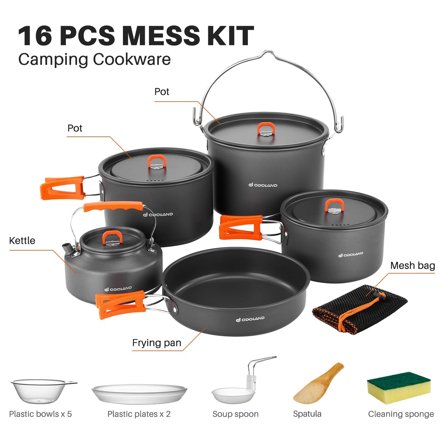 Odoland 18pcs Camping Cookware Large Size Hanging Pot Pan Kettle Set with Plastic Plates Bowls Soup Spoon for Camping, Backpacking, Outdoor Cooking and Picnic