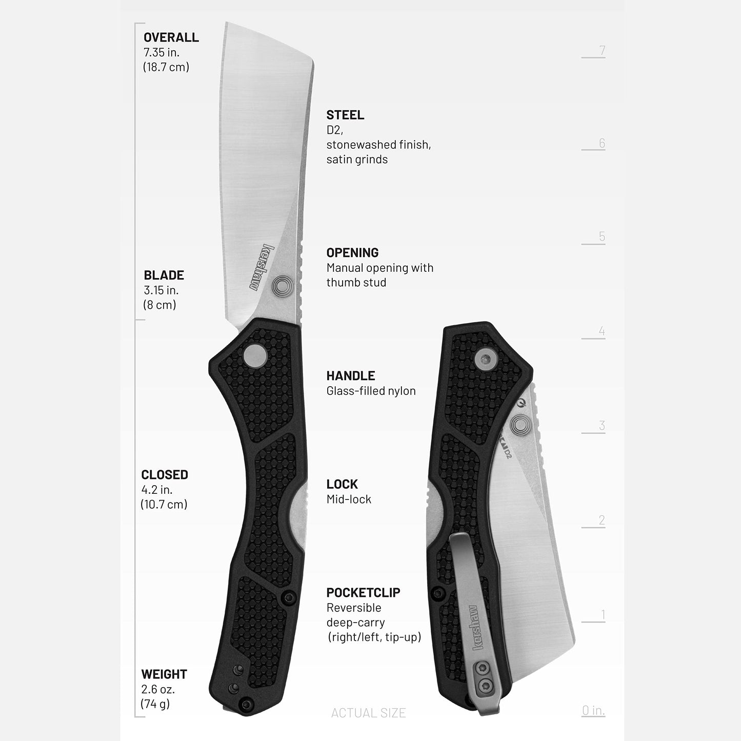 Kershaw Hatch Folding Pocket Knife, 3.15 inch Cleaver Style D2 Stainless Steel Blade, Black Handle, Mid Lock Mechanism, Pocketclip