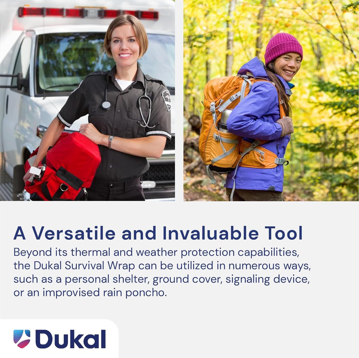 Dukal 721 Emergency Survival Blanket Mylar Wrap | Thermal Properties, Convenient Storage | Protection Against Wind, Rain, Sun | Diverse Functionality for Outdoor Enthusiasts & Responders | Pack of 1