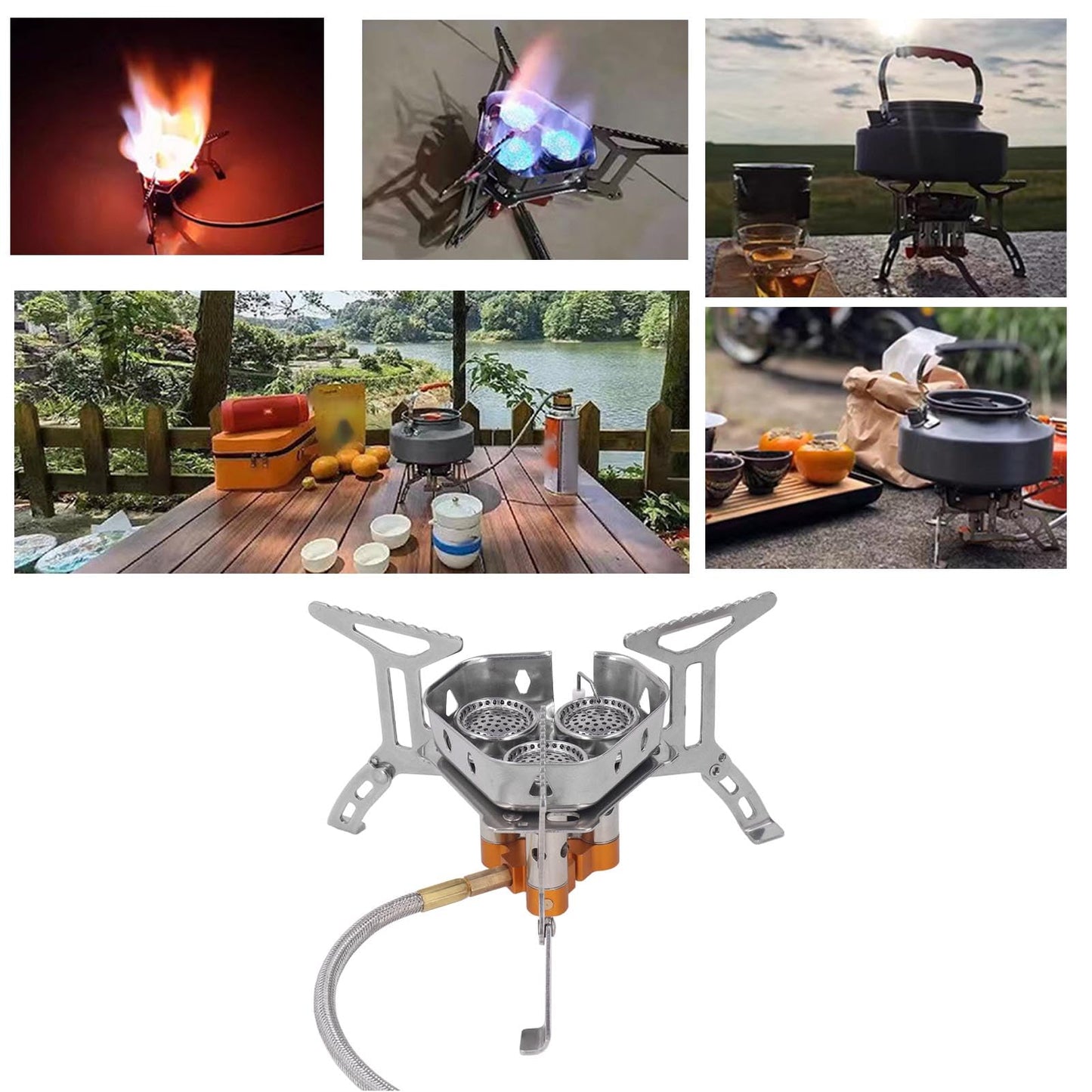 Luqeeg Windproof Camp Stove, 3 Core Lightweight Strong Firepower Camping Gas Stove, Portable Stove for Outdoor Backpacking Hiking and Picnic