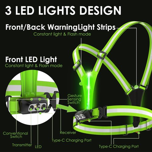 HEHEBON Reflective Running Vest,3 Lights High Visibility Reflective Running Gear,USB Rechargeable Light Up Vest for Walking Running Cycling,Adjustable fits Well for Men Women Kids