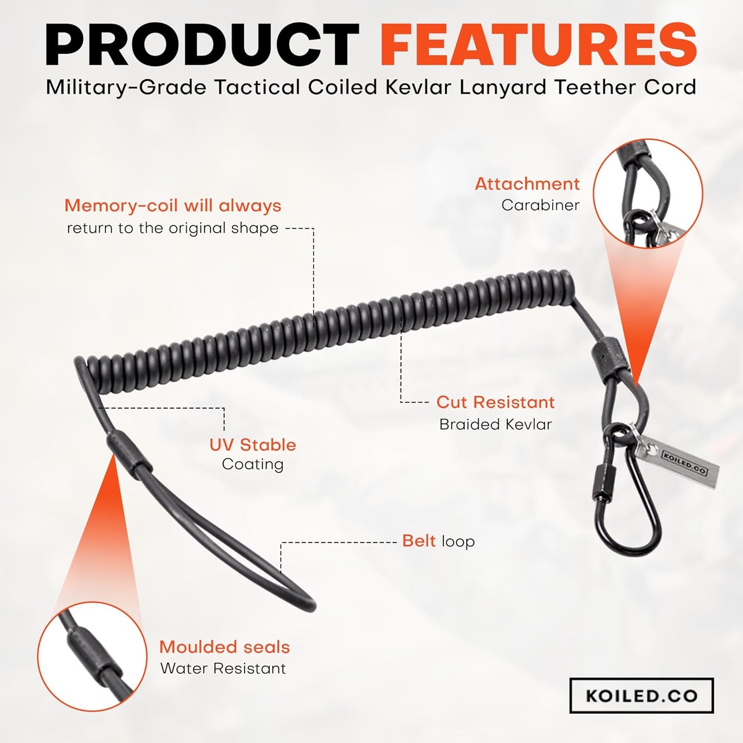 Military-Grade Braided Kevlar Cord Heavy Duty Retractable Lanyard - Carabiner Clip, 265lb/120kg Breaking Strength - Security Belt, Key Chain, Tether Strap for Weapons, Guns, Keys, Tactical Gear