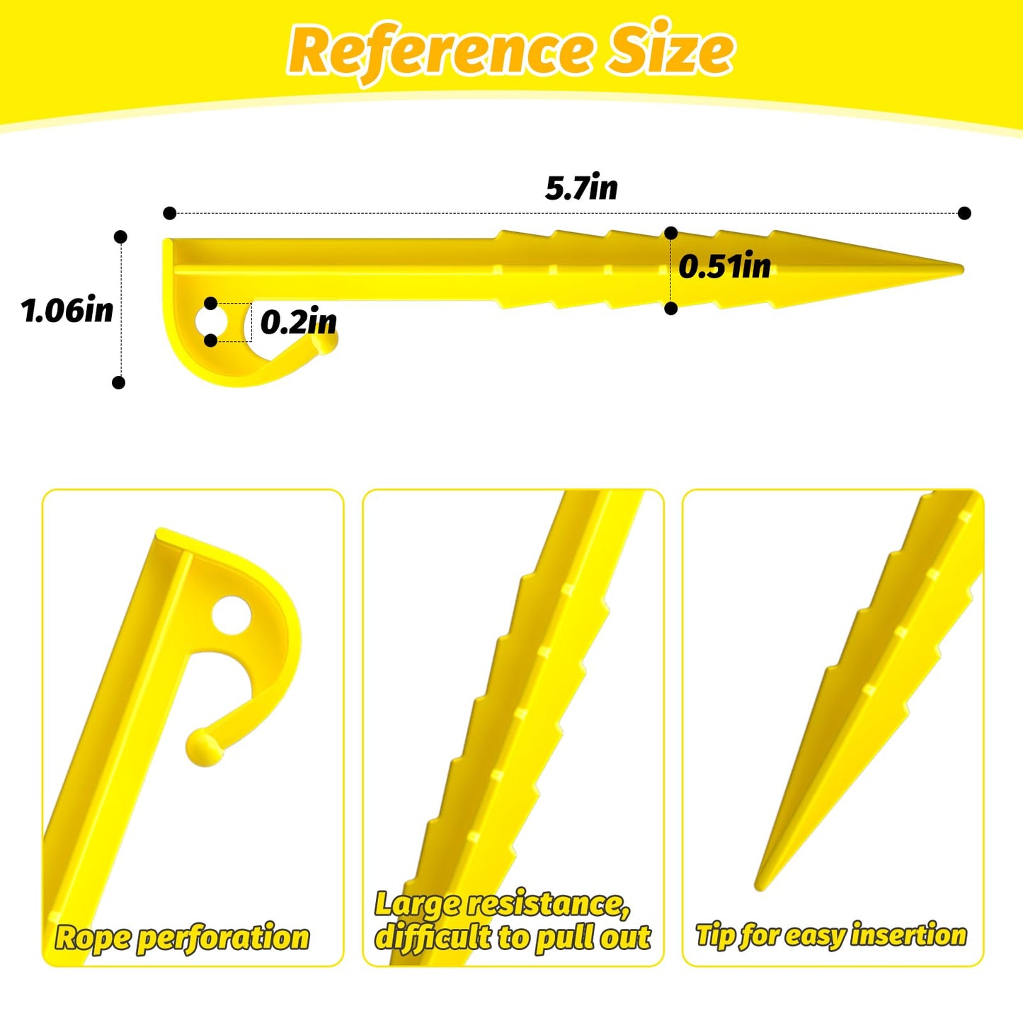 12 Pack Plastic Tent Stakes,5.7 inches, Ideal for Sand, Camping, Backpacking, Beach, Garden, and Lawn use. Durable, Rust-Resistant, and Reliable Support.(Yellow)