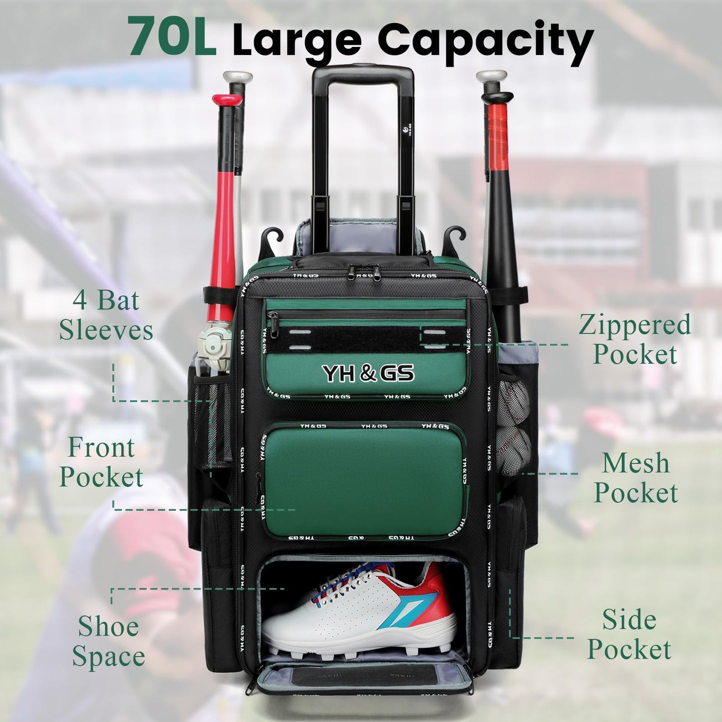 Rolling Baseball Bag,Wheeled Softball Bag with Fence Hook for TBall Bat & Equipment,Lightweight Baseball Bat Bag with Shoe Compartment Green